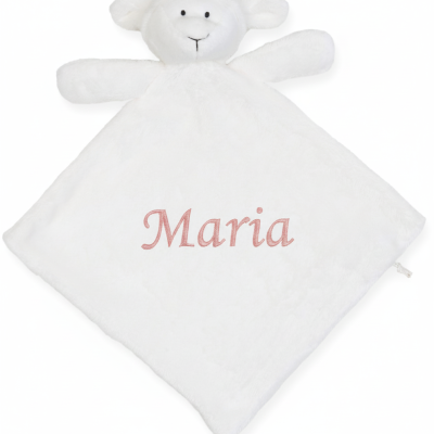 Mantinha bebé branca com ovelha de peluche e nome Maria bordado