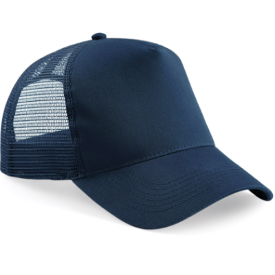 Boné azul escuro com partes em malha e pala curvada