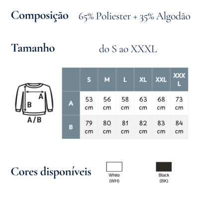 Tabela de composição e tamanhos de camisola em branco e preto