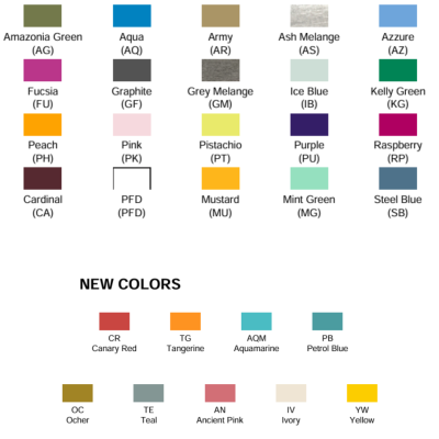 Paleta de cores com nomes e códigos alfanuméricos para diversos tons, incluindo nova linha de cores.