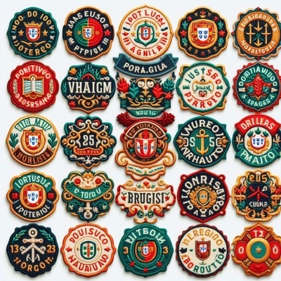 Emblemas bordados coloridos com escudos portugueses e textos em português