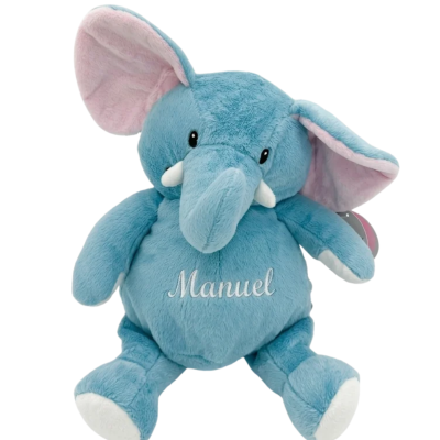 Pelúcia de elefante azul com nome Manuel bordado