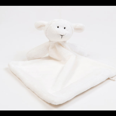 Manta de bebé branca com cabeça de ovelha de peluche