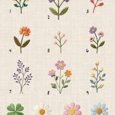 Flores bordadas coloridas numeradas em tecido bege claro