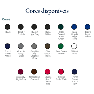 Paleta de cores disponíveis com nomes e combinações de cores em círculos coloridos num fundo branco