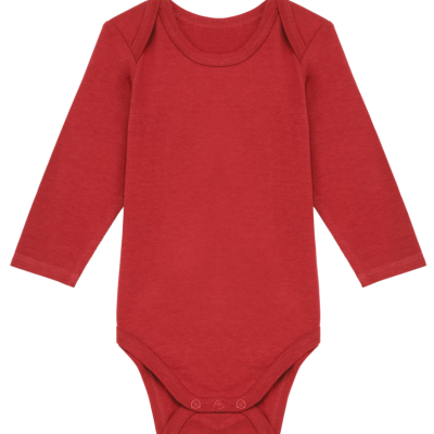 Body de bebé vermelho de manga comprida com três molas no fundo