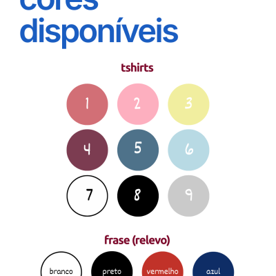 Cores disponíveis para t-shirts e frases em relevo
