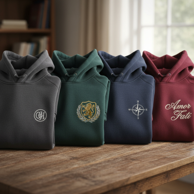 Quatro sweatshirts com capuz dobradas em cima de uma mesa de madeira, cada uma com um logotipo bordado distinto.