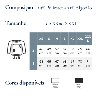 Tabela de tamanhos e composição da camisola disponível em branco e preto