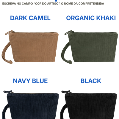 sacos de tecido corduroy em quatro cores: castanho, verde, azul escuro e preto