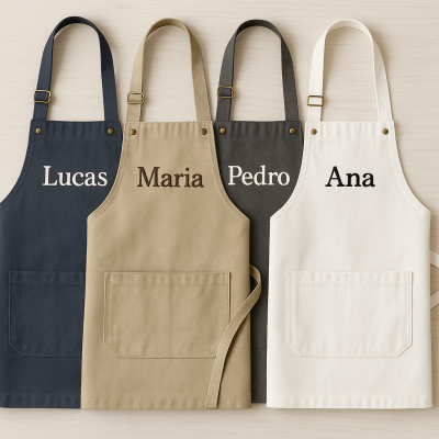 Quatro aventais coloridos com nomes personalizados, azul-escuro, bege, cinza-escuro e branco.