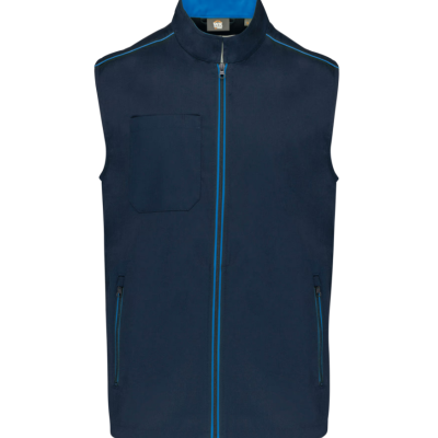 Colete azul escuro com fecho azul claro e bolsos