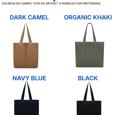 Sacolas de tecido em cores diferentes e texto sobre cores disponíveis