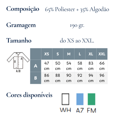 Tabela de tamanhos e composição da camisa com cores disponíveis branco, azul e verde