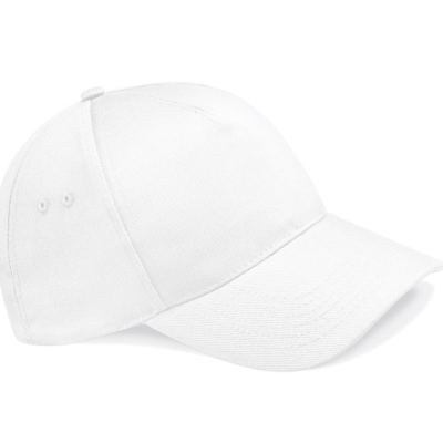 Boné branco simples de tecido com pala curva visto de perfil