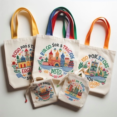 Cinco sacos de tecido com bordados coloridos e alças em várias cores