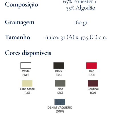 Informação sobre composição, gramagem, tamanho e cores disponíveis do produto têxtil
