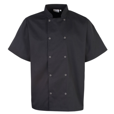 Camisa de chef preta com botões de pressão e gola mandarim