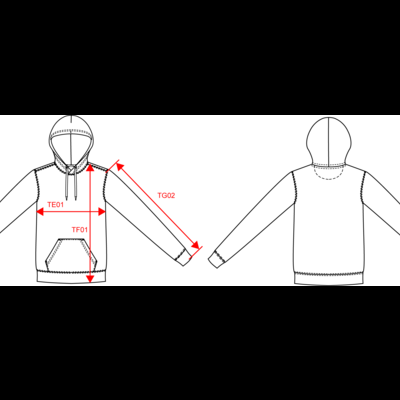 Desenho técnico de casaco com capuz mostrando medidas