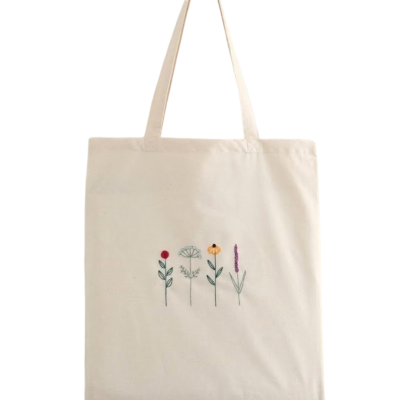 Saco tote bege com bordado de flores coloridas