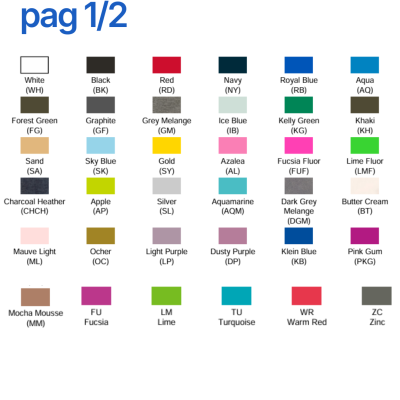Paleta de cores disponíveis com nomes e códigos em inglês