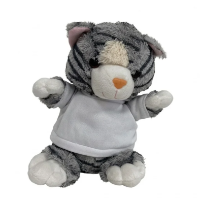 Pelúcia de gato cinzento com camisa branca