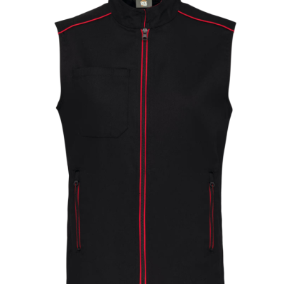 Colete preto com zip vermelho e detalhes vermelhos nos ombros