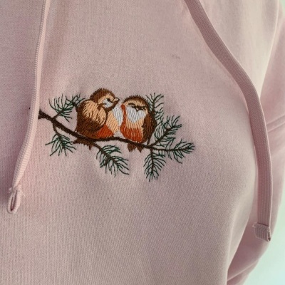 Sweatshirt rosa claro com bordado de pássaros num ramo