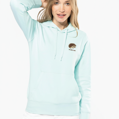 Sweatshirt azul claro com capuz e bordado de ouriço e texto Prickly Love