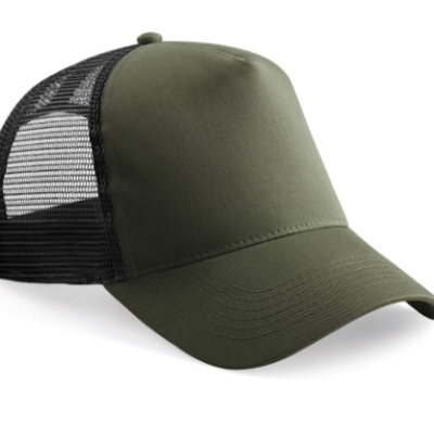 Boné trucker verde oliva com malha preta
