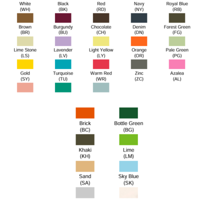 Tabela de amostras de cor com nomes e códigos