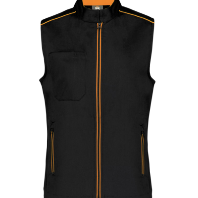 Colete masculino preto com detalhes laranja e bolsos