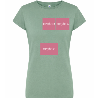 T-shirt verde-acinzentado com texto OPÇÃO A, OPÇÃO B e OPÇÃO C em quadrados rosa no peito