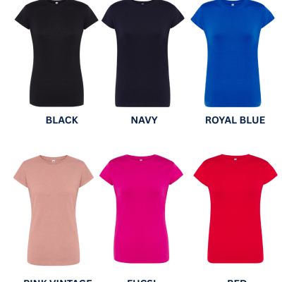 Seis t-shirts femininas de diferentes cores com nomes em inglês