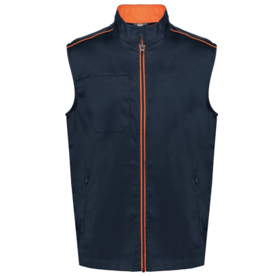 Colete masculino azul-escuro com fecho de correr laranja e gola alta laranja interna