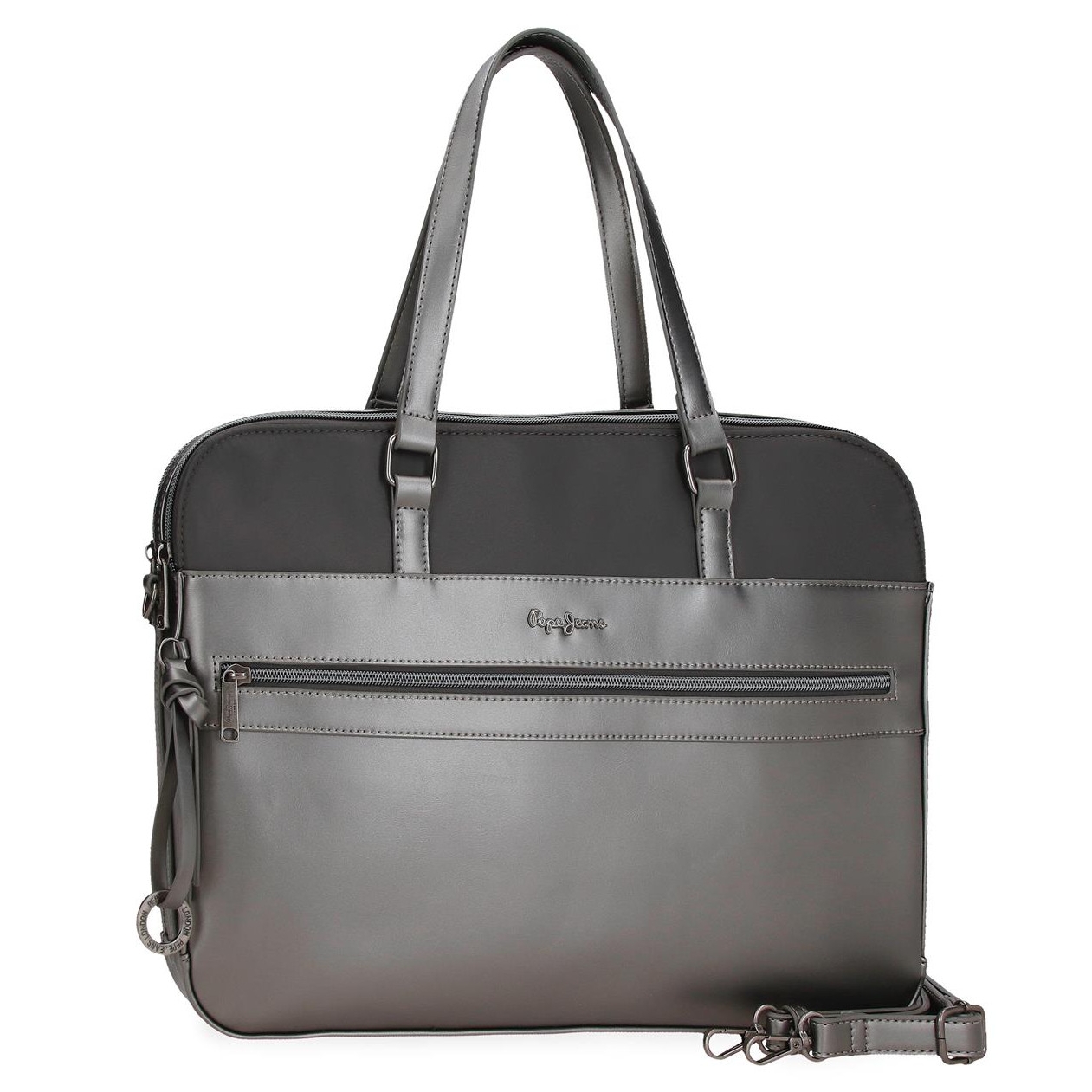 Pasta Para Portátil 2 Compartimentos Pepe Jeans Anthracite Mala de mão cinza e preta com fecho frontal e alças,