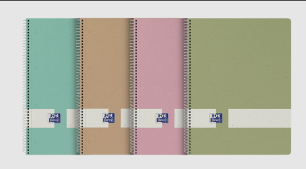 CADERNO A4 ESPIRAL OXFORD NATURE EUROPEANBOOK Conjunto de quatro cadernos coloridos com espiral e rótulo LOFT Design