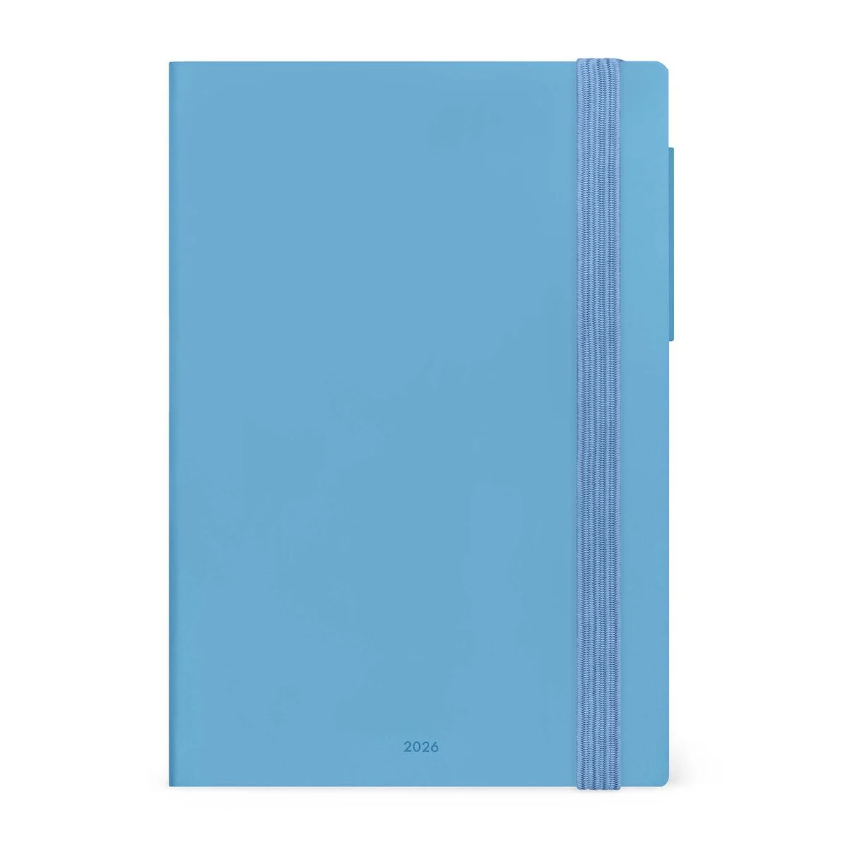 Agenda Diária Média 2026 Retro Blue Caderno azul claro com elástico e ano 2018 impresso na capa