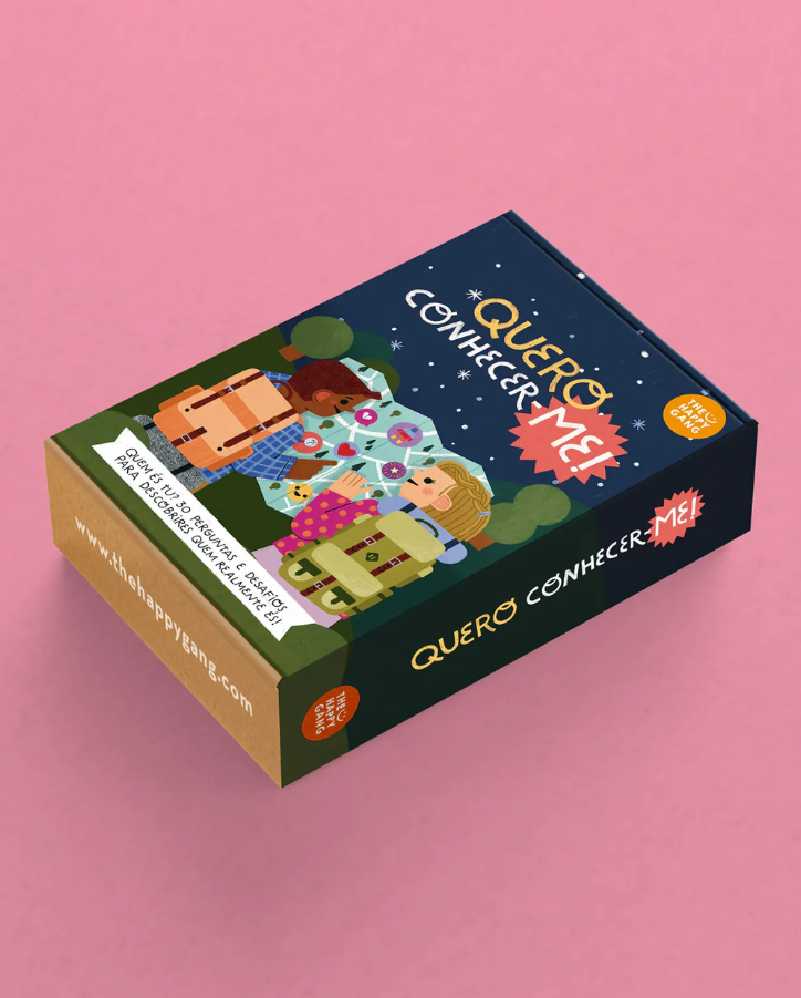 Quero Conhecer-me! Happy Gang Caixa de jogo com ilustração de duas crianças, texto QUERO CONHECER ME! e URL www.thehappyplanet.com