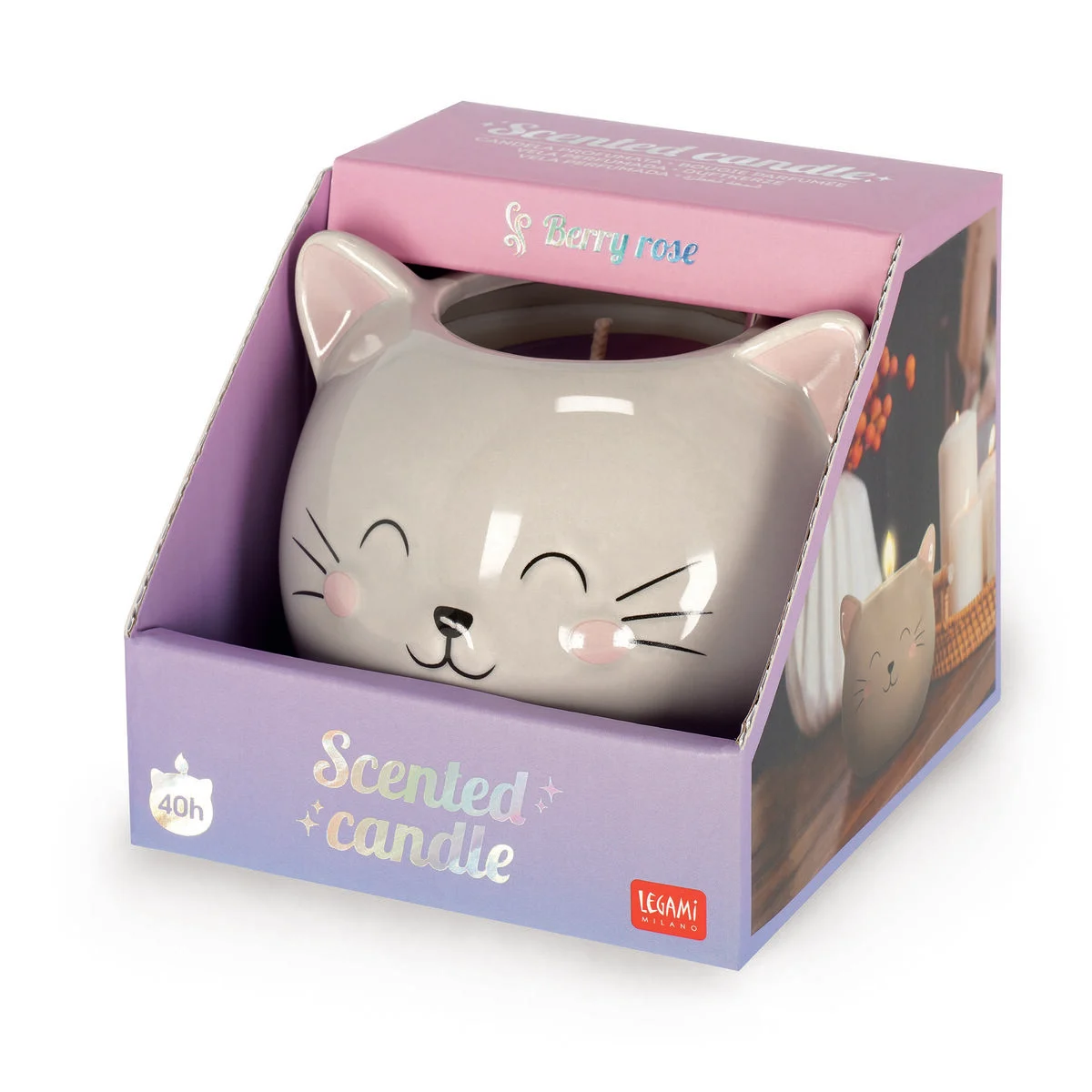 Vela Perfumada Kitty - Legami Vela perfumada em recipiente de cerâmica em forma de gato sorridente numa caixa roxa e rosa.