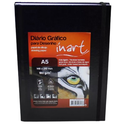 Diário Gráfico INART A5 40fls 180gr Bloco de desenho Diário Gráfico A5 com capa preta e etiqueta laranja com olho de tigre