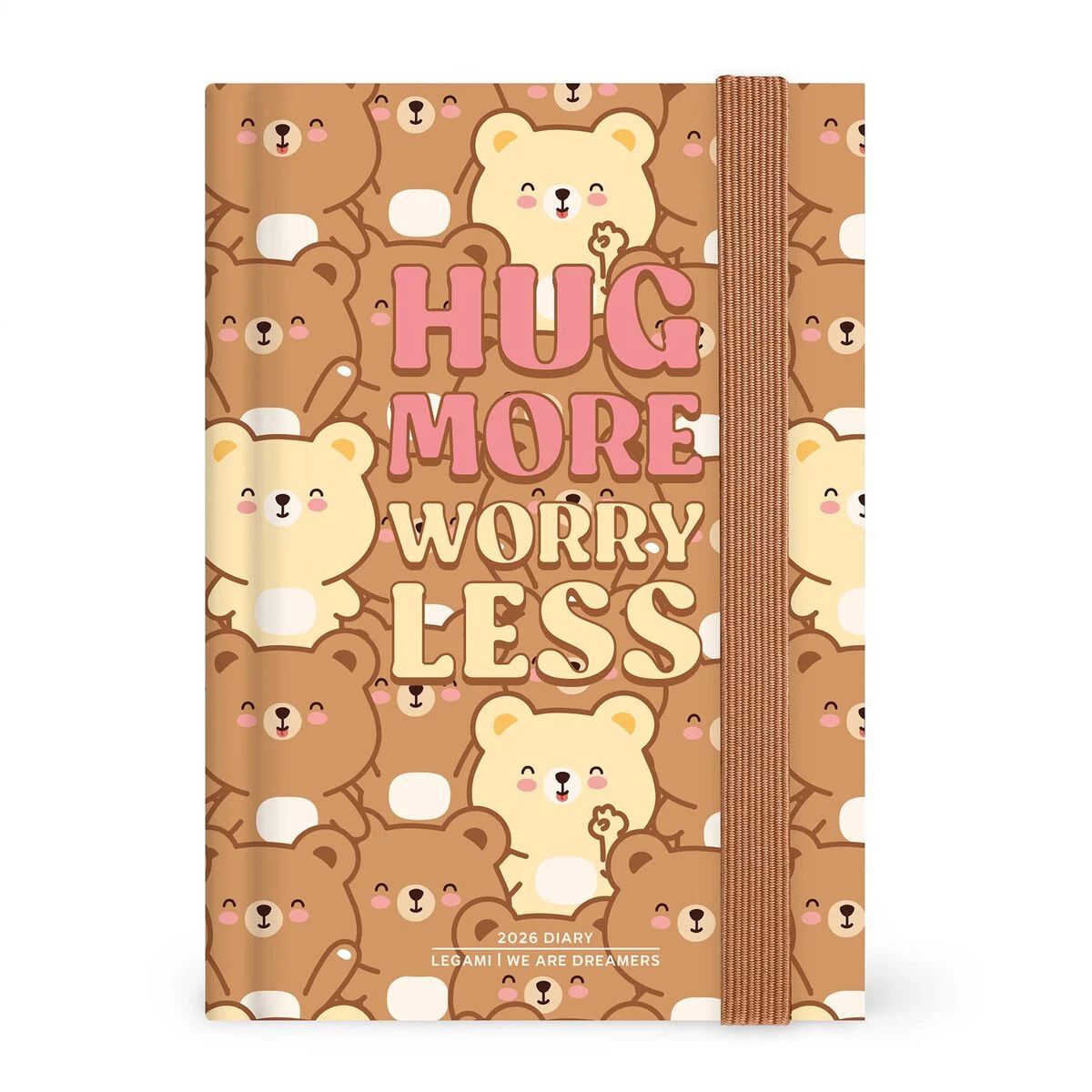 Agenda Diária 2026 Pequena Teddy Bear Caderno com padrão de ursos castanhos e bege e texto 'HUG MORE WORRY LESS'