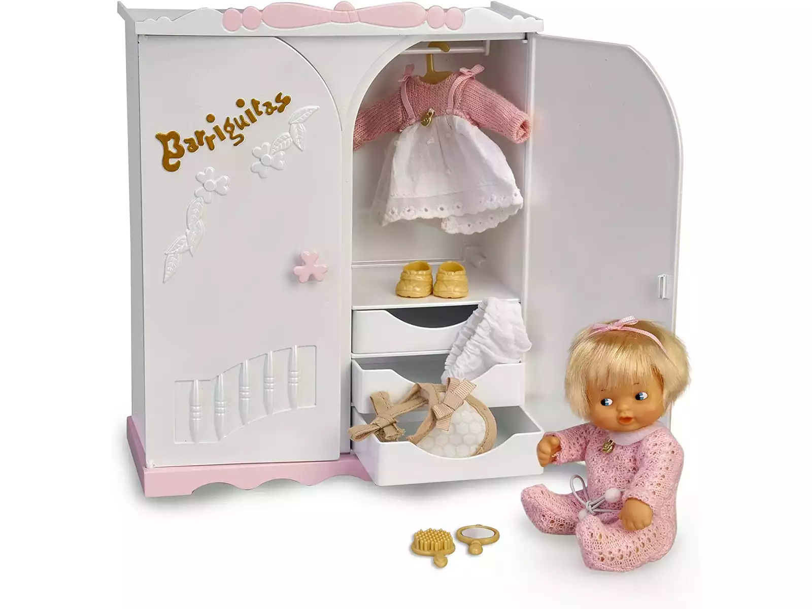 Barriguinhas Armário com Boneca Armário branco e rosa com boneca e roupa no interior