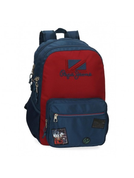 MOCHILA PEPE JEANS CHEST 2C Mochila Pepe Jeans vermelha com bolsos azuis e logotipo bordado