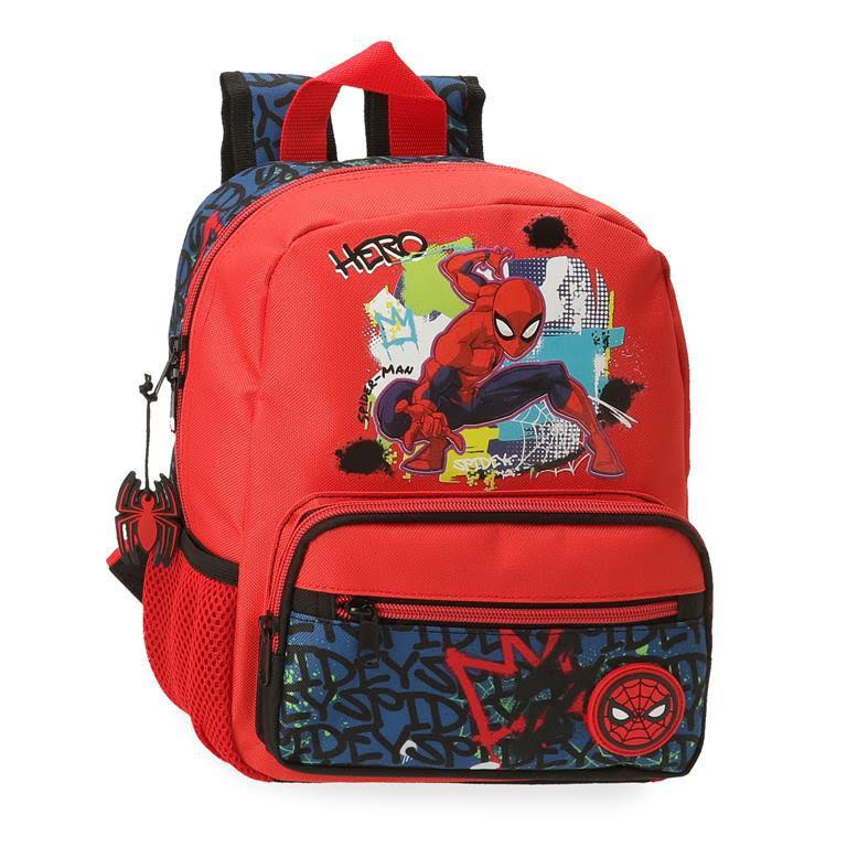 MOCHILA ADAP. 28CM SPIDERMAN URBAN Mochila vermelha do Homem-Aranha com bolso azul de padrão graffiti