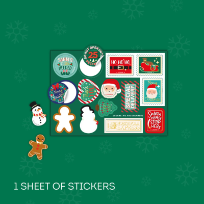 Folha de autocolantes natalícios coloridos com texto e figuras festivas