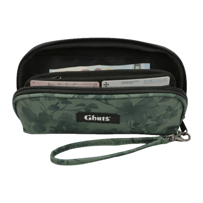 Carteira camuflada verde Ghuts aberta com dinheiro dentro