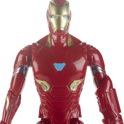 Boneco do Homem de Ferro vermelho, dourado e prateado com detalhes azuis