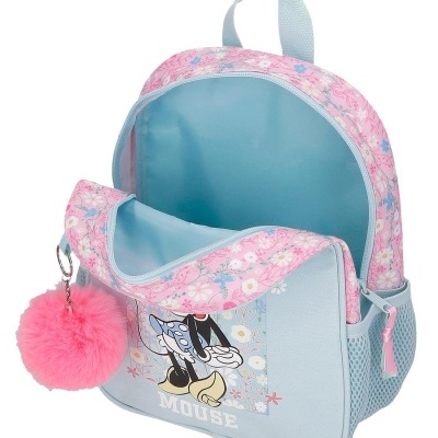 Mochila azul claro com padrão floral rosa e imagem da Minnie Mouse
