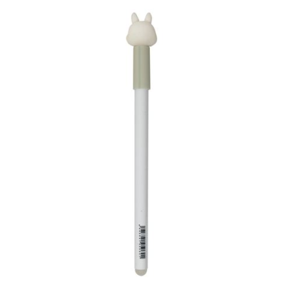 Caneta branca com tampa cinzenta e figura de silicone creme em forma de orelhas de animal